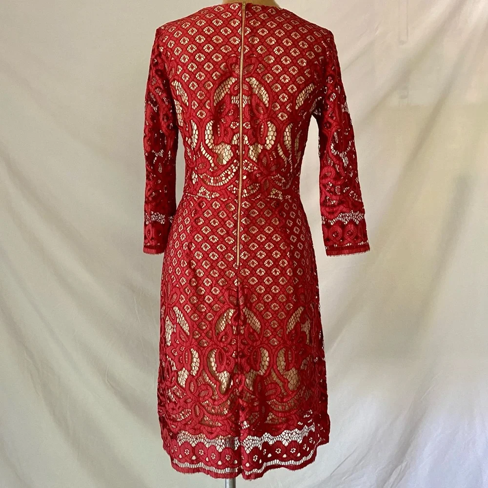 Long Sleeve Lace Midi Dress in Red - Picture 2 of 5